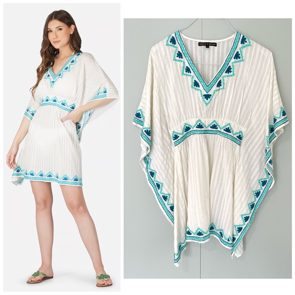 America & Beyond Sea Blue Embroidered Cover Up Kaftan Blue White